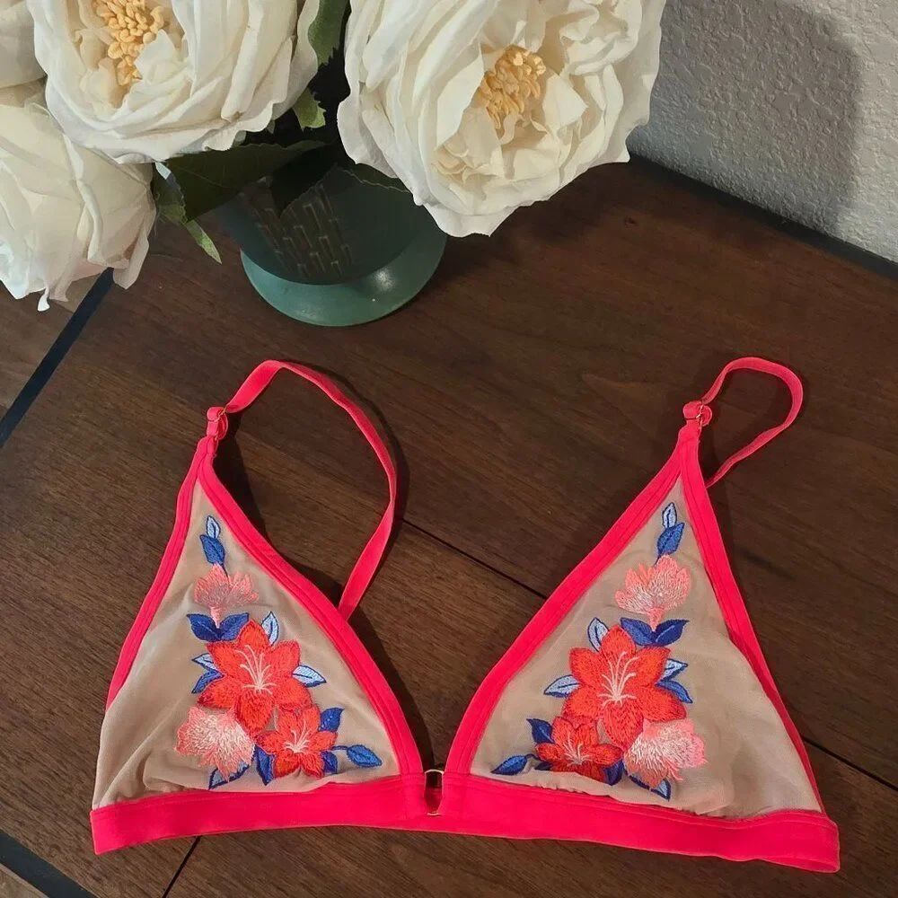 PINK Victoria’s Secret Neon Embroidered Bikini Top Sz L